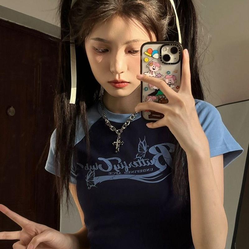 撞色字母印花插肩圆领短袖T恤女夏新款修身显瘦百搭短款上衣体恤