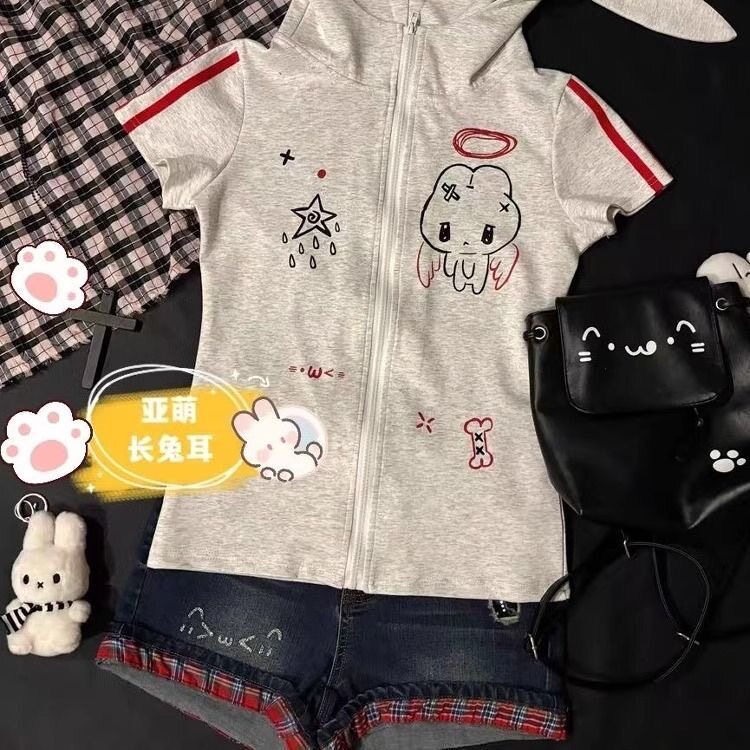 日系百搭y2k宅萌兔子耳朵连帽短袖T恤女2026夏季宅萌修身短袖开衫