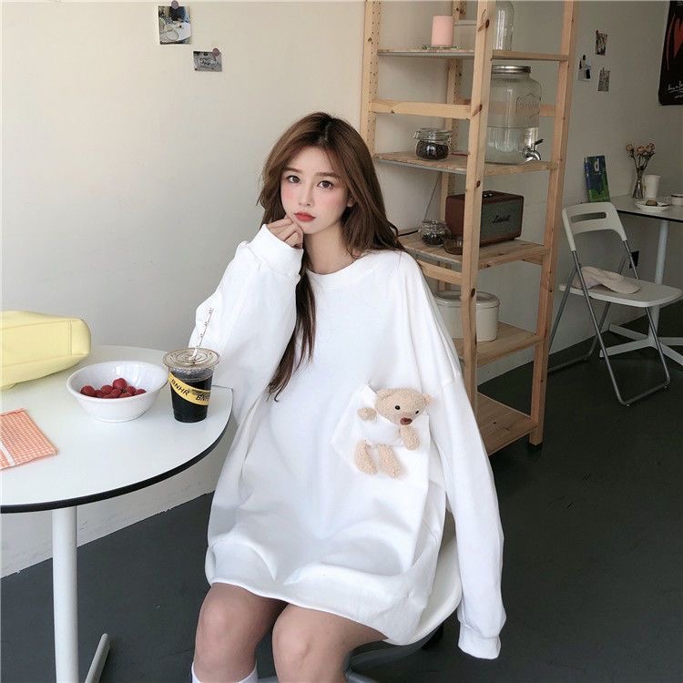 秋季韩版2025新款女宽松原宿风纯色设计感可爱小熊大版长袖卫衣