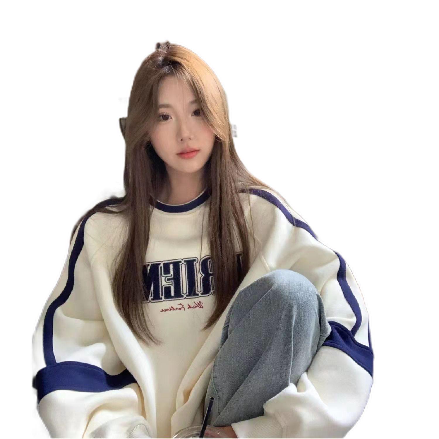 拼色休闲时尚个性女款潮牌宽松插肩长袖情侣卫衣复古校园上衣ins