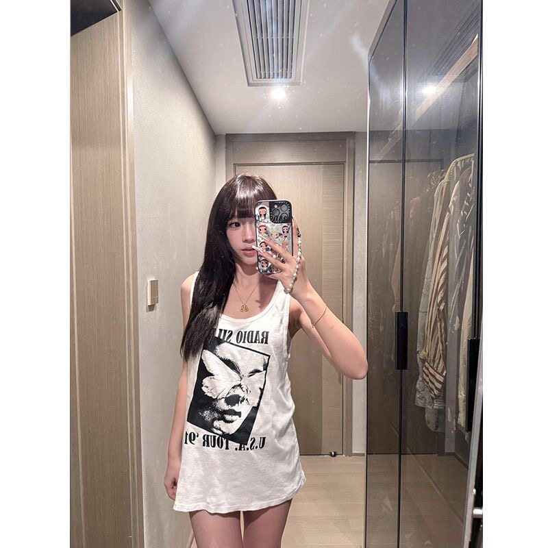 美式复古趣味人像印花圆领背心T恤女夏季宽松休闲百搭无袖上衣潮
