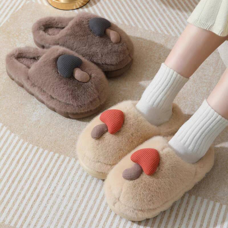 情侣棉拖鞋冬季居家保暖防滑拖鞋男童亲子款可爱蘑菇毛绒女孩棉拖
