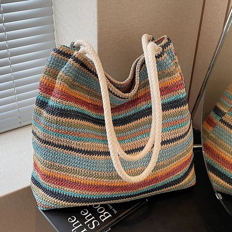 时尚百搭通勤大容量包包女式2025新款单肩包超火编织托特包草编包