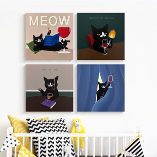 奶油风多巴胺潮流趣味可爱猫咪装饰画 中古风客厅餐厅卧室ins挂画