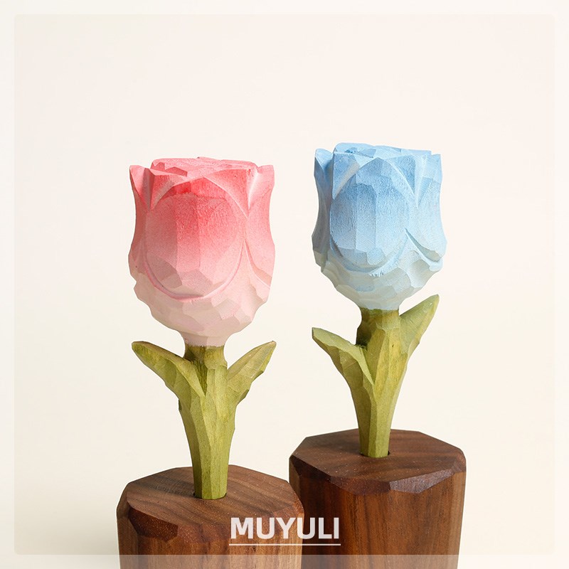 手工木雕玫瑰花装饰电脑办公桌摆件粉玫瑰花女生情人节教师节礼物