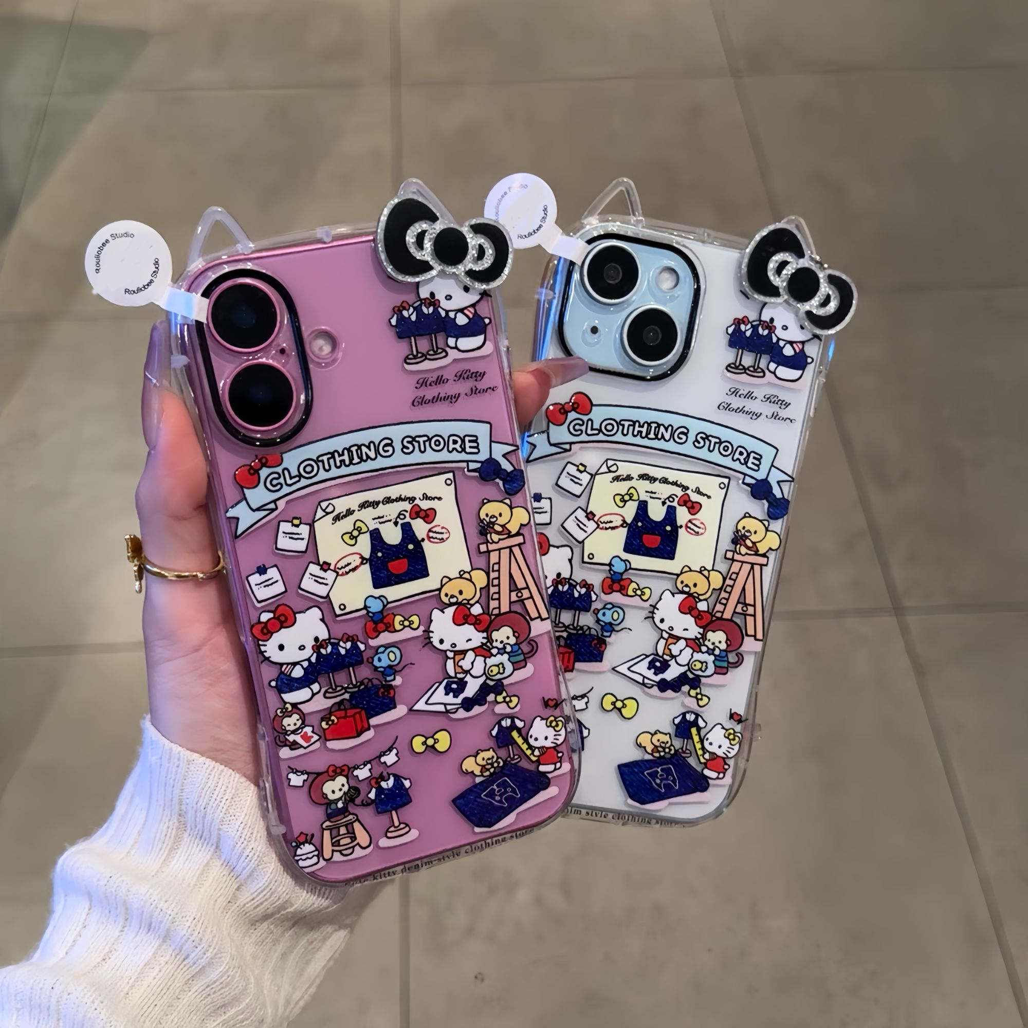 黑蝴蝶结牛仔kt猫适用苹果16promax手机壳小蛮腰iPhone15猫耳朵14/13/12Pro创意女款11透明软壳xsmax全包防摔