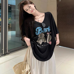小个子卡通印花T恤夏季 宽松慵懒风休闲减龄百搭潮流上衣 女装 V领款