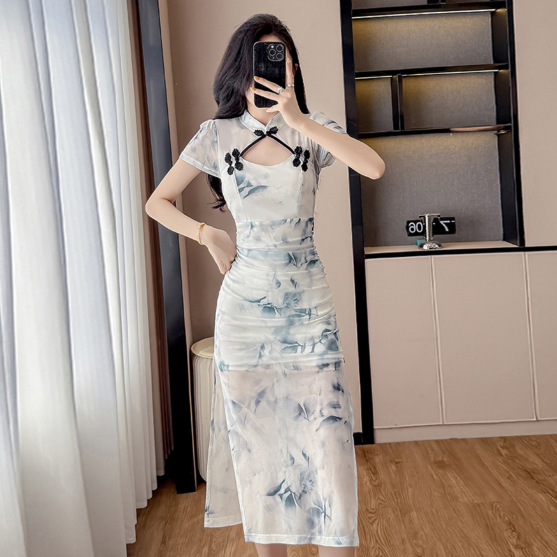 小个子高级感民族风2025年轻款少女网纱改良旗袍超修身显瘦连衣裙