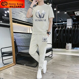 男士休闲套装春秋夏季2025新款潮流短袖t恤两件套韩版时尚运动服