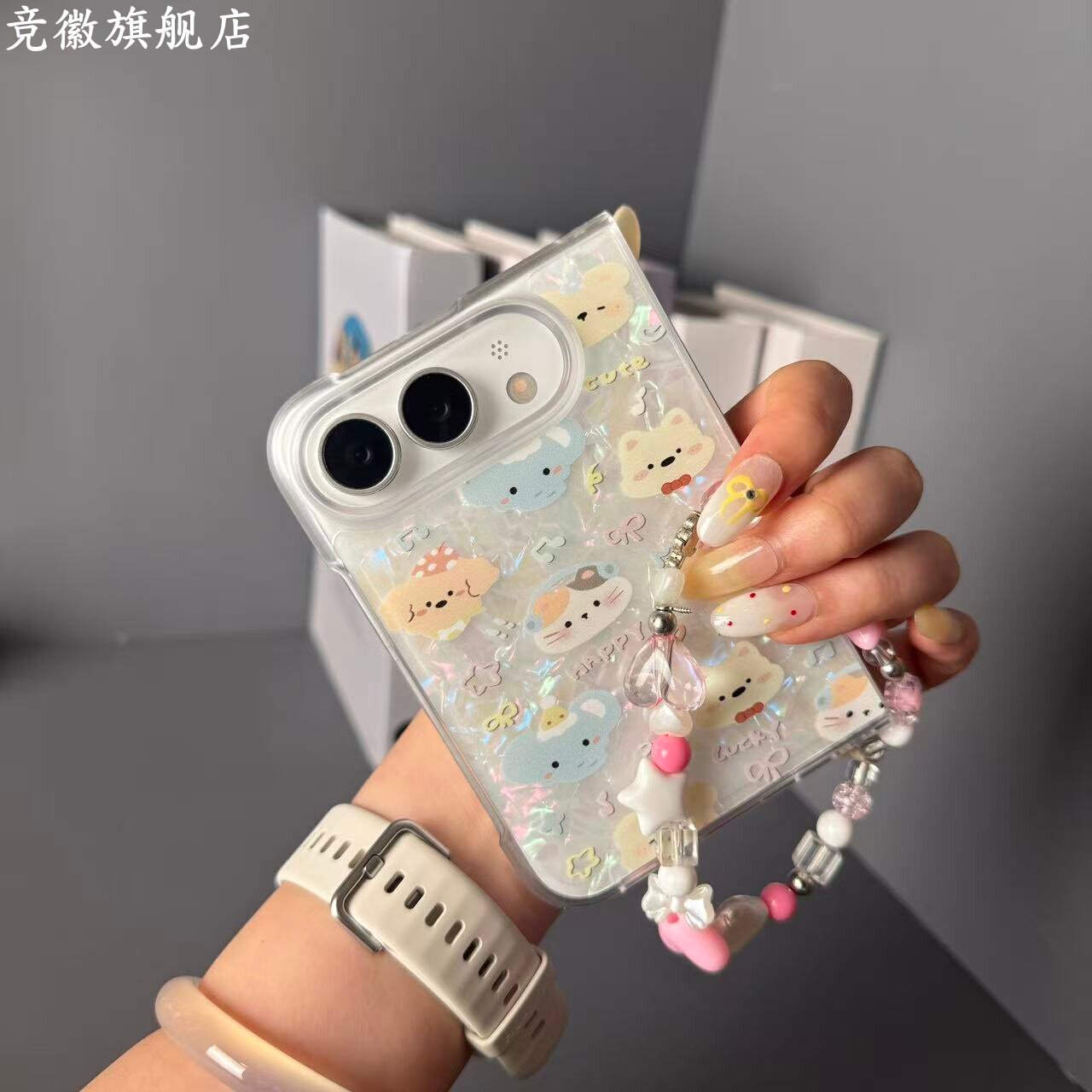高级感ins风韩系满屏卡通动物头像贝壳纹适用苹果18Duo手机壳iPhoneDuo折叠屏保护套防摔新爆款网红可爱