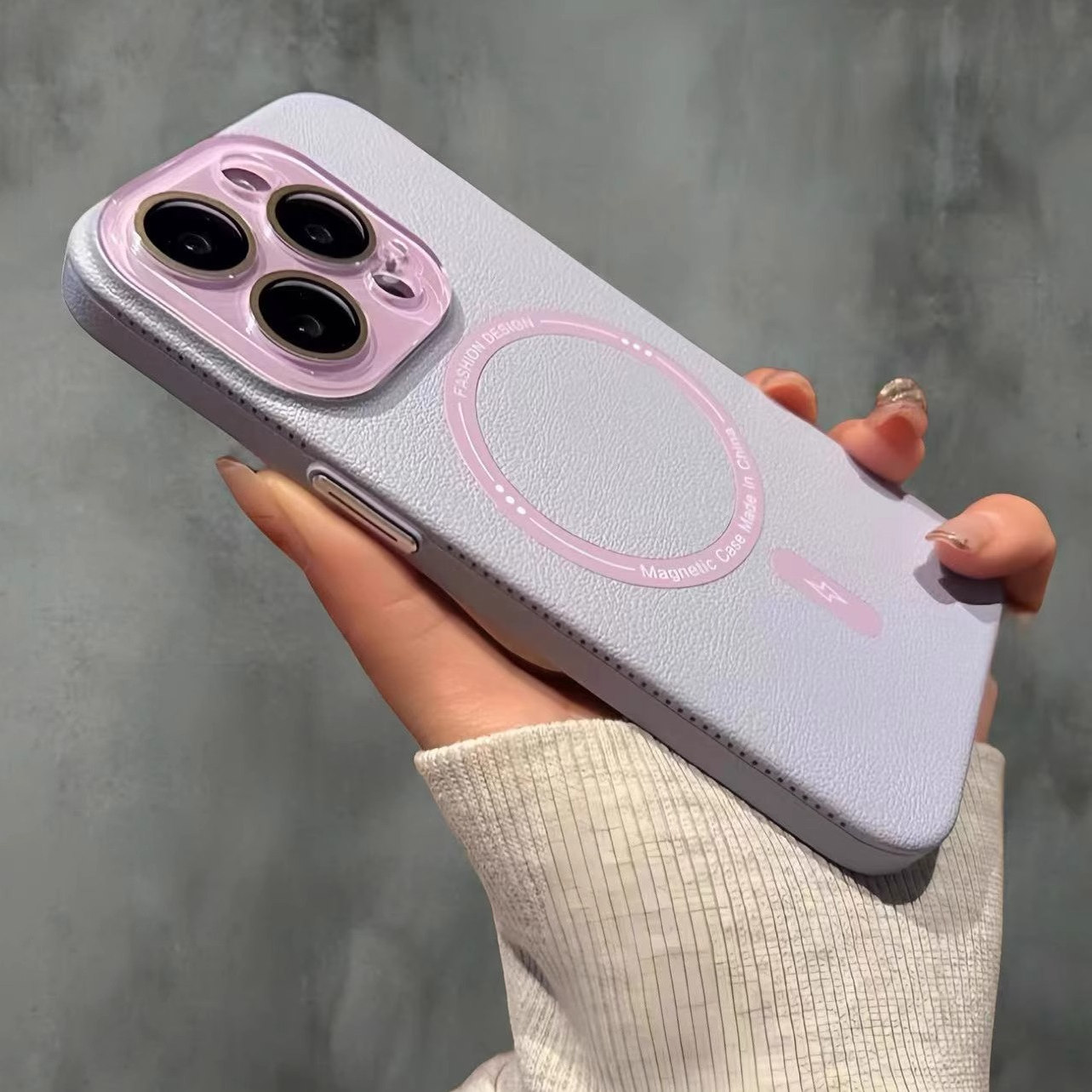 适用iphone16promax手机壳苹果15pro新款荔枝纹14自带镜头膜全包13高级感气质plus紫色Magsafe磁吸充电保护套