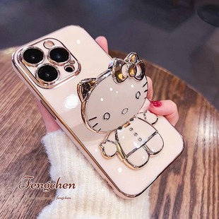 猫咪补妆镜支架适用苹果17promax手机壳新款 16手机壳可爱iPhone15保护套14pro高级感创意12网红爆13 粉色女款