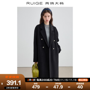 芮鸽大码黑色毛呢外套女2023新款爆款冬季胖mm羊毛呢子大衣中长款