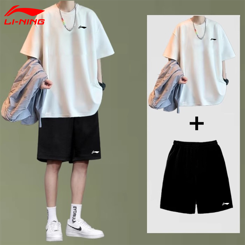 李宁冰丝运动套装男夏季薄款透气速干帅气短袖T恤短裤休闲运动服