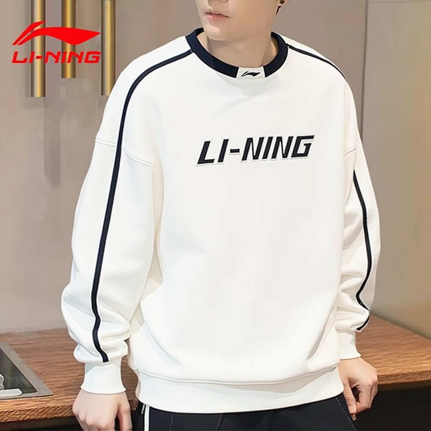 李宁加绒卫衣男士秋冬季新款圆领青少年保暖帽衫加厚白色运动外套