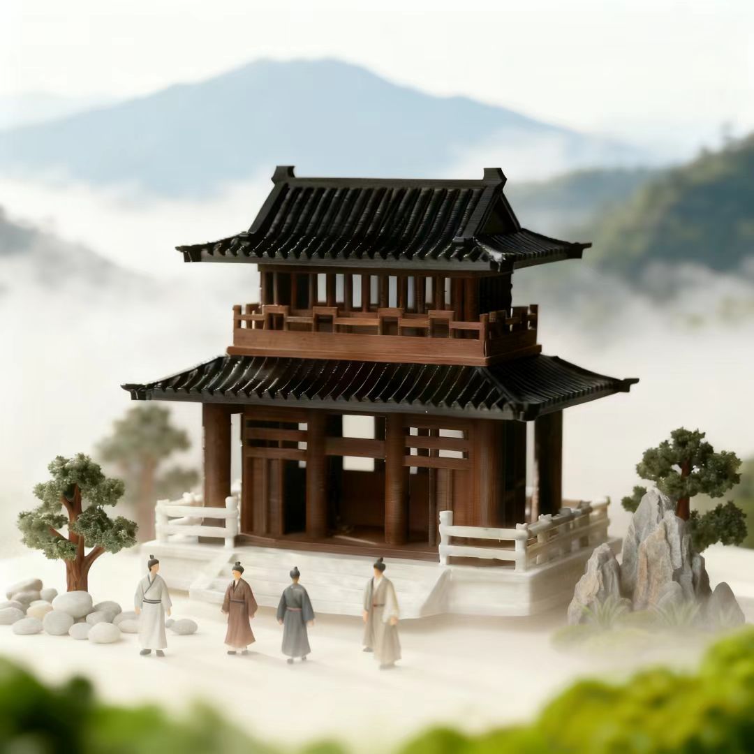 古典中式木质亭台楼阁桌面摆件