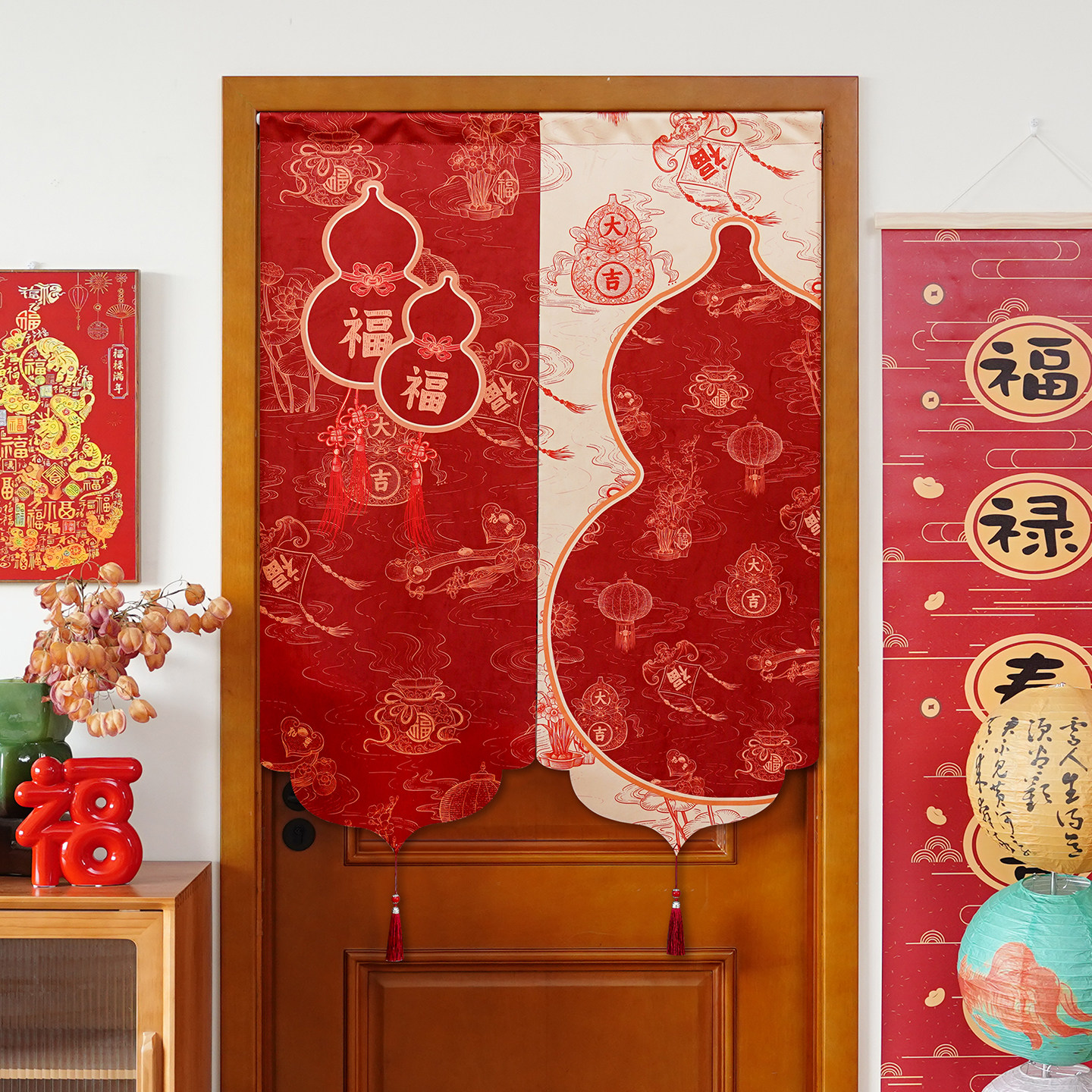 新年门帘红色福字新中式喜庆半帘卧室客厅玄关家用装饰帘遮挡布帘