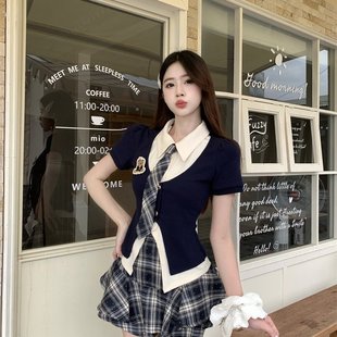 半身裙制服格子两件套 实拍 学院风jk套装 夏季 网红小熊假两件衬衫