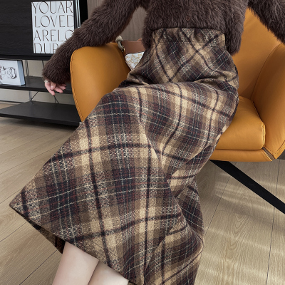 咖色毛呢格子半身裙女秋冬