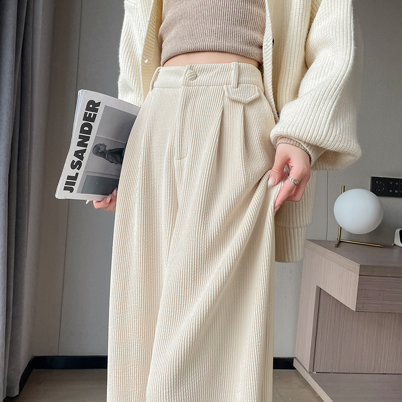 杏色粗纹灯芯绒阔腿裤女
