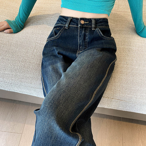 复古加绒阔腿牛仔裤女高腰