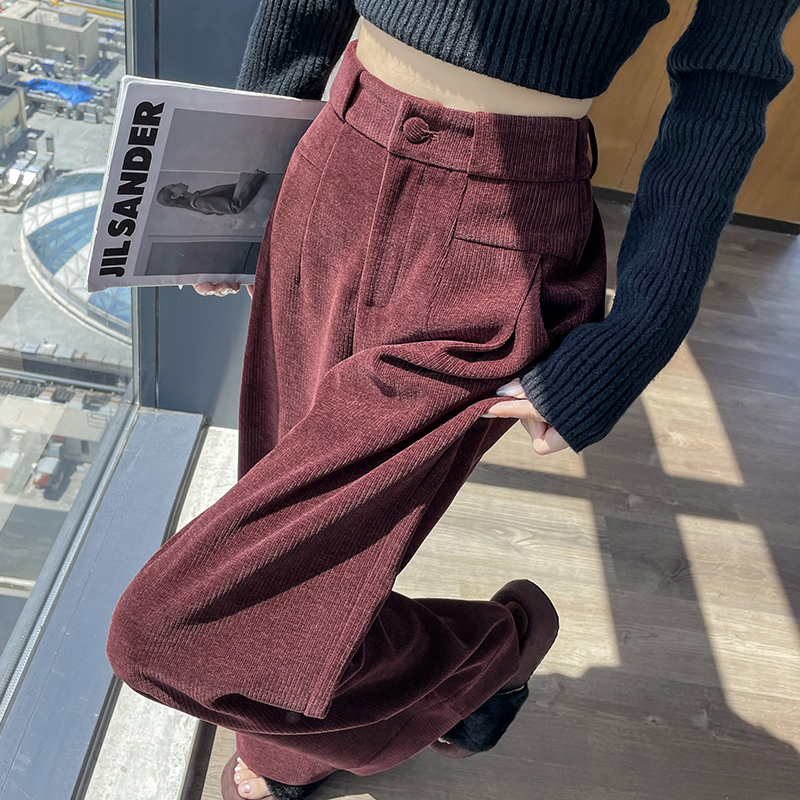 安可拉红灯芯绒阔腿裤女秋冬新款