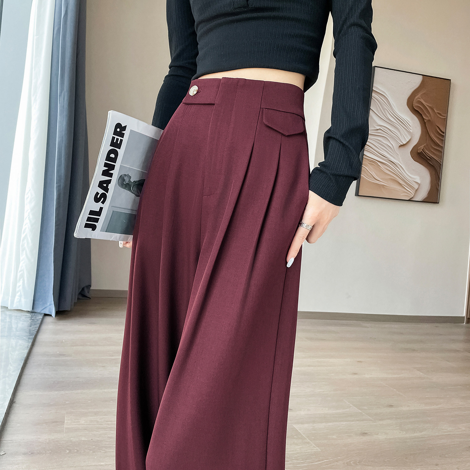 安可拉红西装裤女夏季薄款2025高腰直筒显瘦垂感酒红色休闲阔腿裤