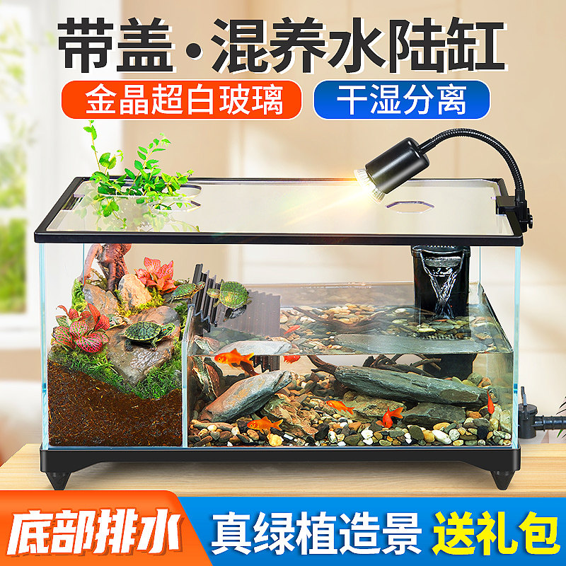 乌龟饲养缸家用生态造景别墅防逃逸水陆两栖缸鱼龟混养超白玻璃缸