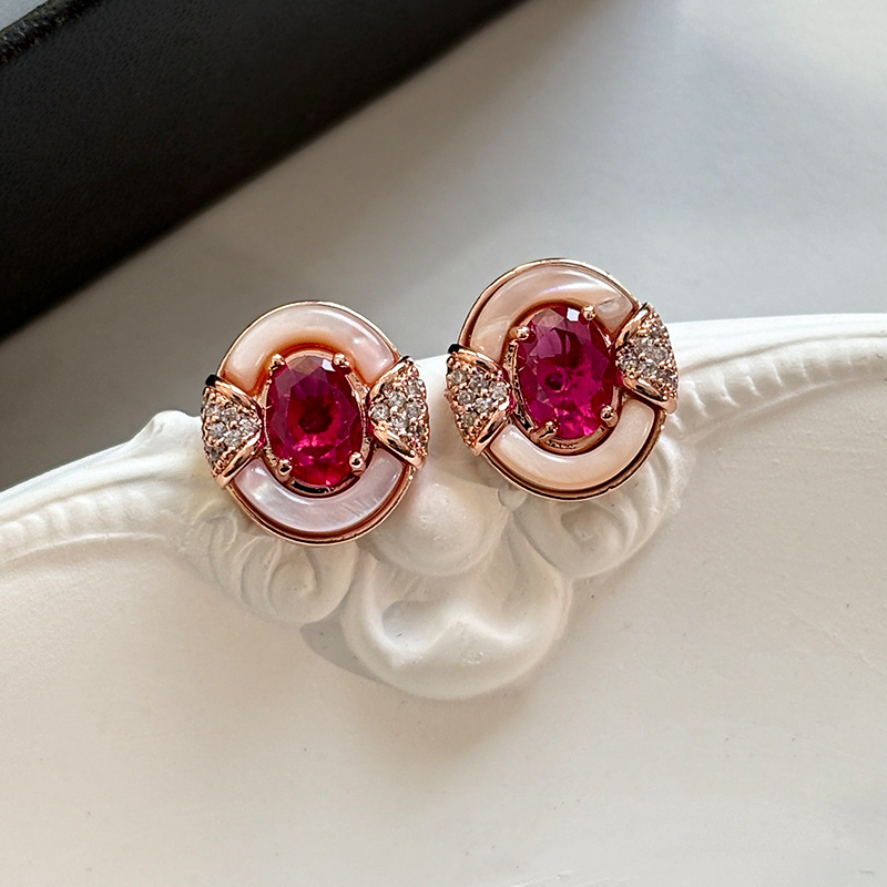 天然粉色贝母爱心锆石耳钉耳环女