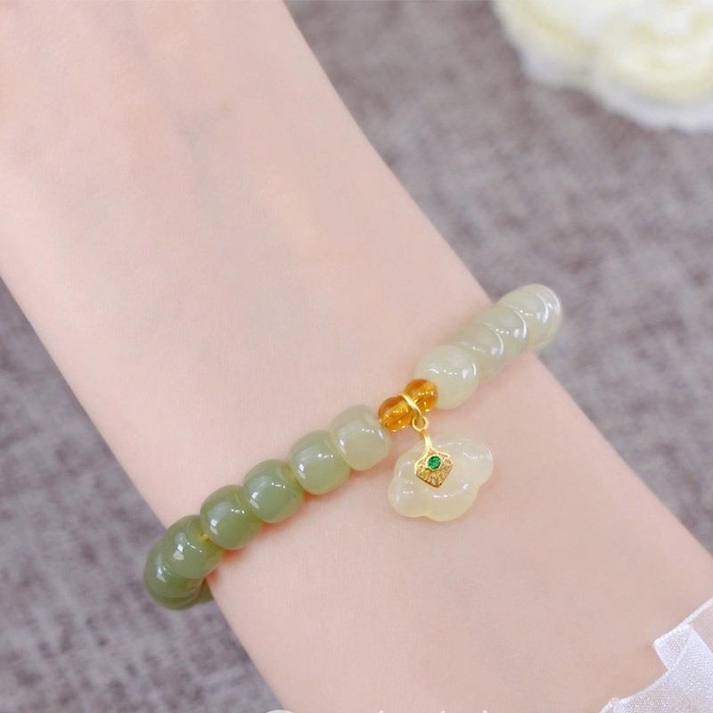 和田钰渐变圆珠手链女搭配如意锁中国风单圈手串送闺蜜生日礼物