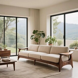 精选新中式北美黑胡桃木实木直排沙发高端轻奢客厅布艺四人位沙发