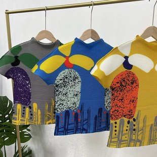 三宅款me系列印花T恤女半z高领打底衫一生时装褶皱上衣女薄款