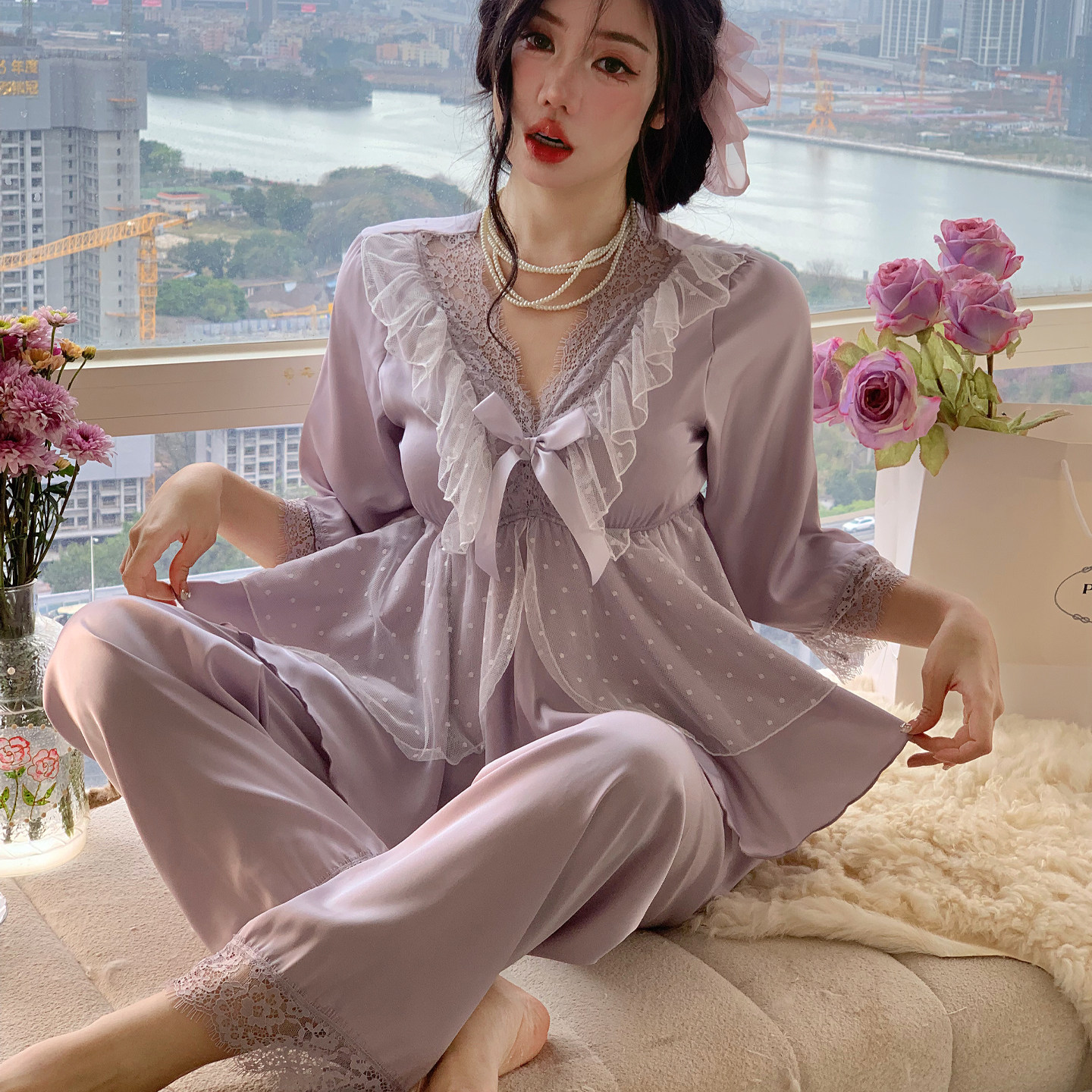 法式浪漫冰丝睡衣女春秋季长袖蕾丝性感纯欲风带胸垫可外穿家居服,女士内衣/男士内衣/家居服,睡衣/家居服套装,淘宝优惠券,粉丝福利购,淘宝优惠卷