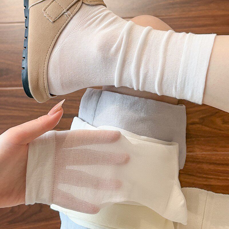 桑蚕丝袜子女夏季薄款透气白色无骨中筒袜潮流外穿配勃肯鞋堆堆袜