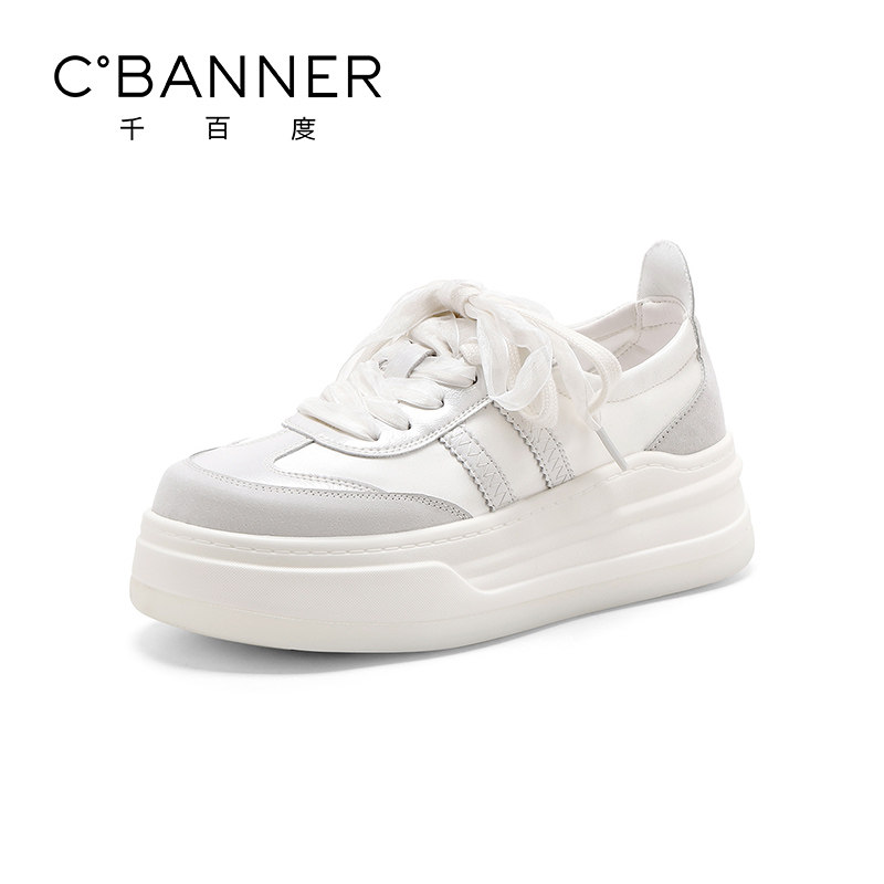 千百度德训鞋女2025春秋新款百搭厚底绸面丝带休闲鞋轻便舒适板鞋
