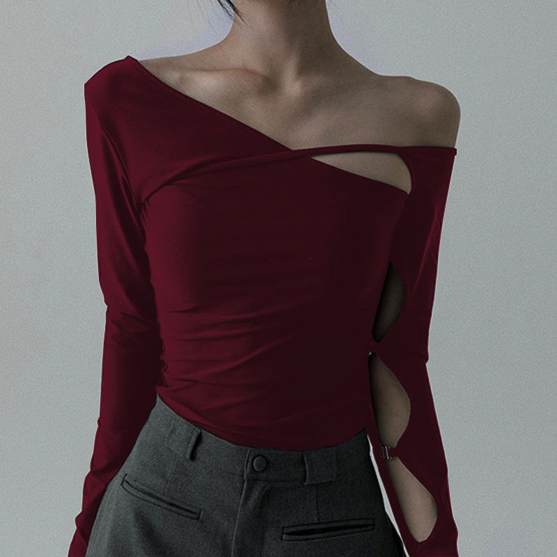 美式街头设计感斜领镂空长袖T恤女小众性感修身显瘦短款辣妹上衣