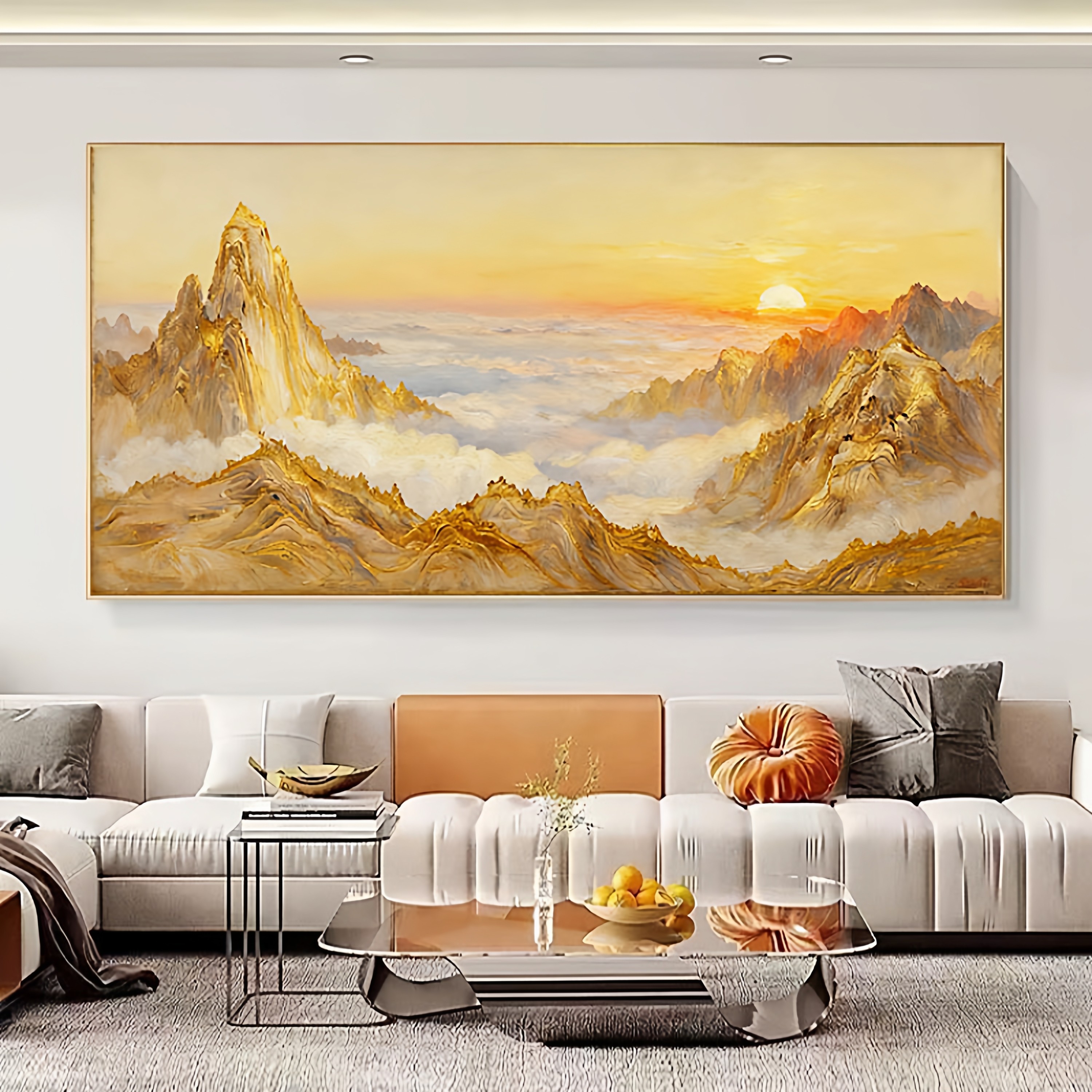 大芬村千里金山油画客厅纯手绘挂画金箔高级横幅沙发背景装饰画