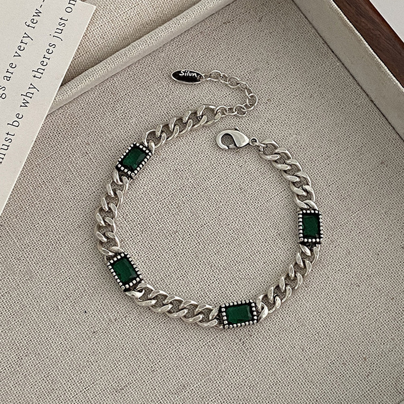 新款高贵绿色石头链条手链复古做