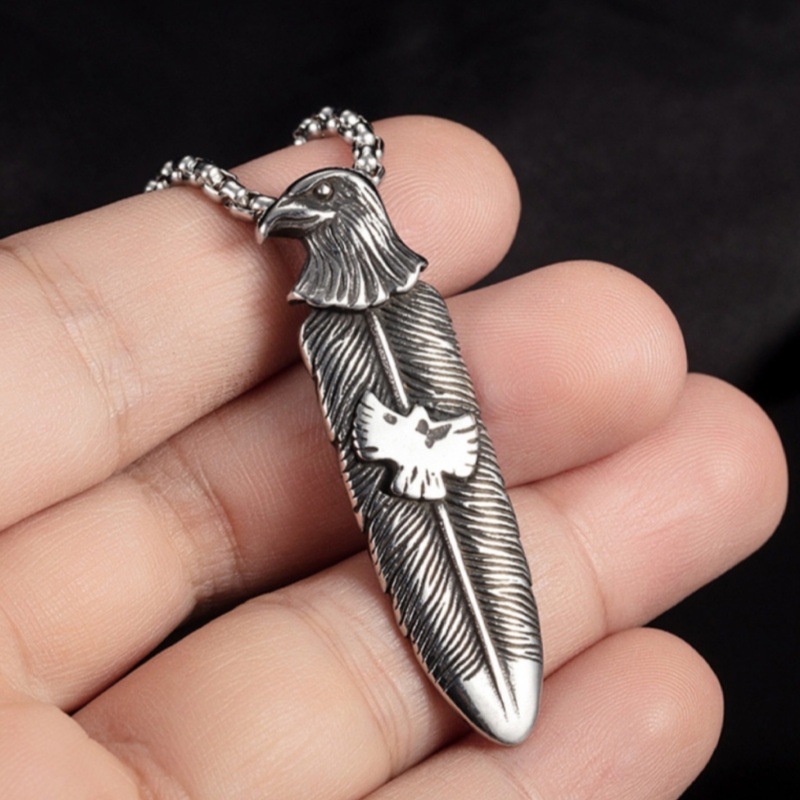 新款欧美风潮流复古嘻哈老鹰头造型羽毛吊坠男女士项链