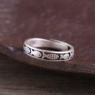 S925银新款复古可爱抽象小鱼戒指素面个性民族风开口戒指