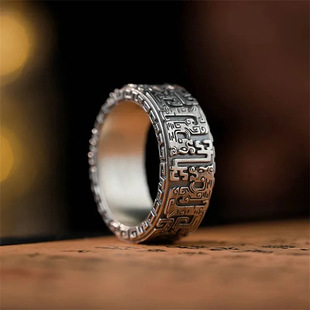 S925银镀银夔龙纹祥戒指国潮云螭元素精致指环复古高级感厂家