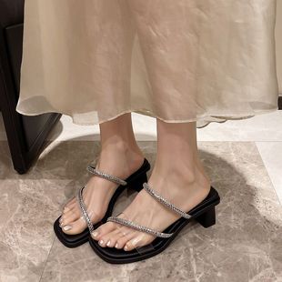女夏外穿2024新款 韩国欧货法式 时尚 粗跟拖鞋 仙女风网红高跟水钻一