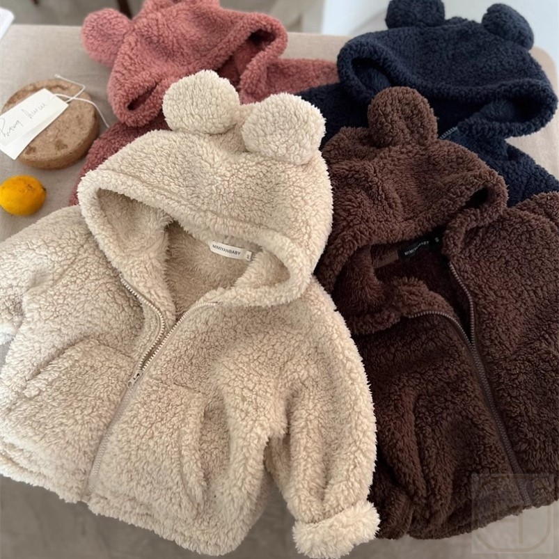 少儿外套秋冬男女.童立耳毛毛衣珊瑚绒连帽帽衫宝宝纯色拉链开衫