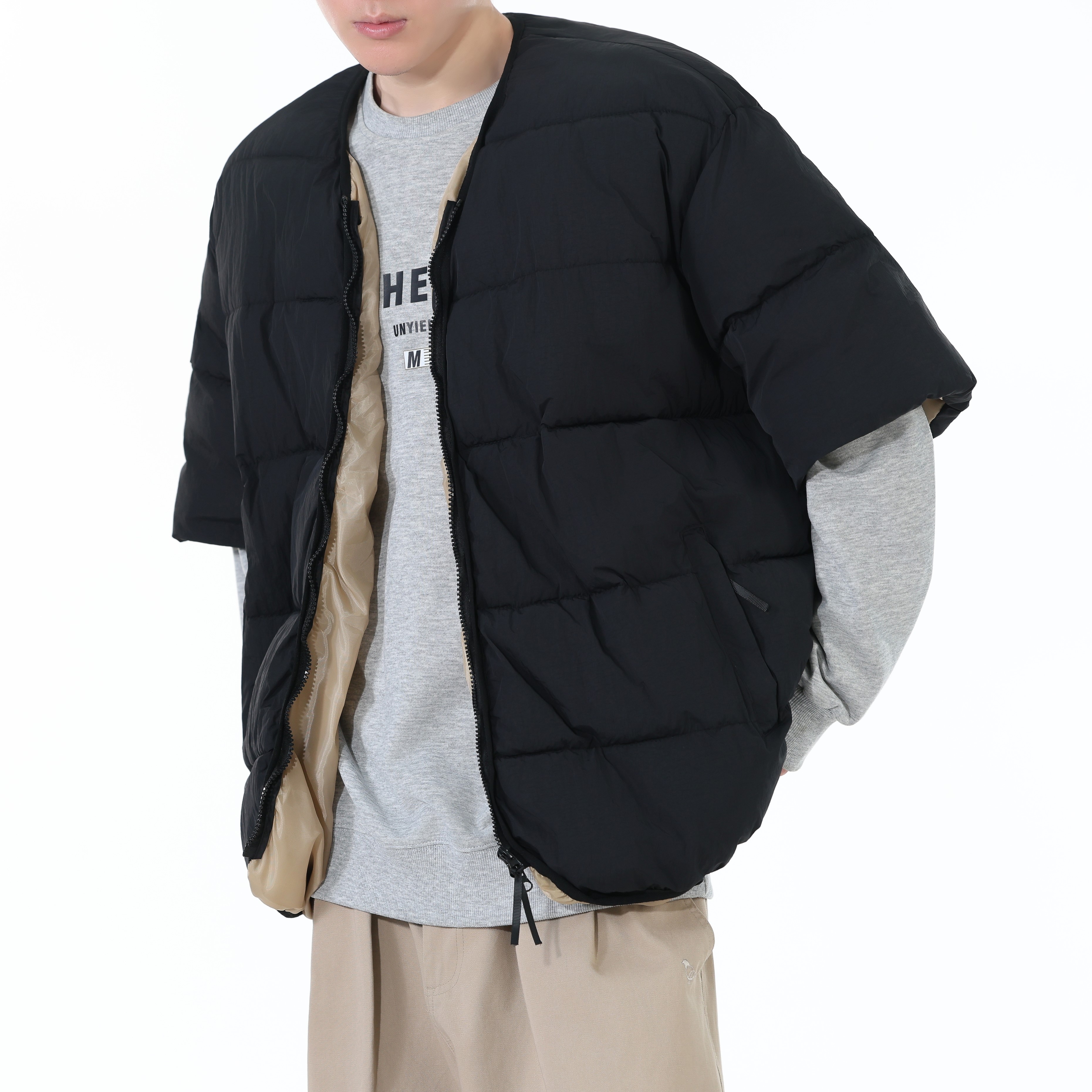 潮牌时尚个性半袖羽绒棉马甲男款美式情侣小众设计保暖马夹青少年