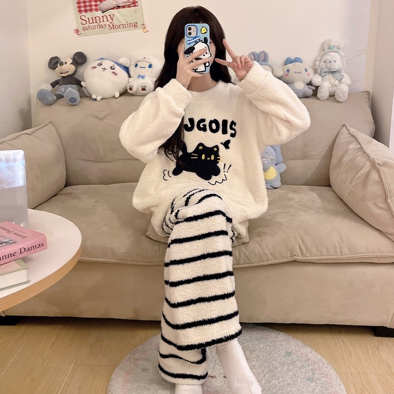 半边绒睡衣女款冬季加厚加绒珊瑚绒可爱小猫学生套装家居服可外穿