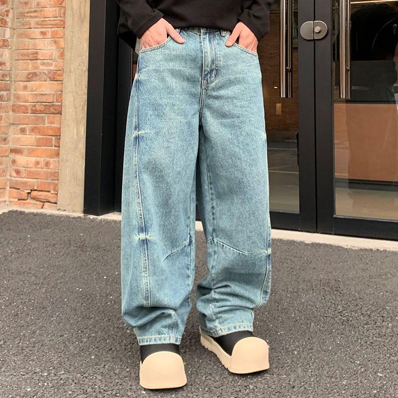 巴黎风弯刀牛仔裤男女复古蓝色