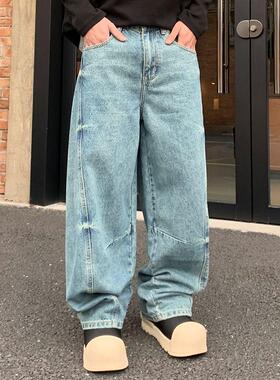 巴黎风弯刀牛仔裤男女复古蓝色拖地阔腿裤子美式直筒cleanfit新款