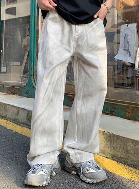 巴黎脏脏牛仔裤男款潮牌高街vibe美式复古裤子宽松直筒阔腿拖地裤