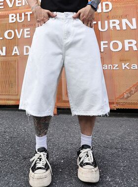 巴黎风潮牌美式复古高街毛边牛仔短裤男宽松直筒阔腿休闲六分裤