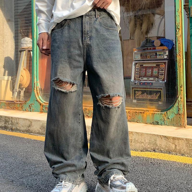 巴黎风破洞牛仔裤直筒阔腿裤